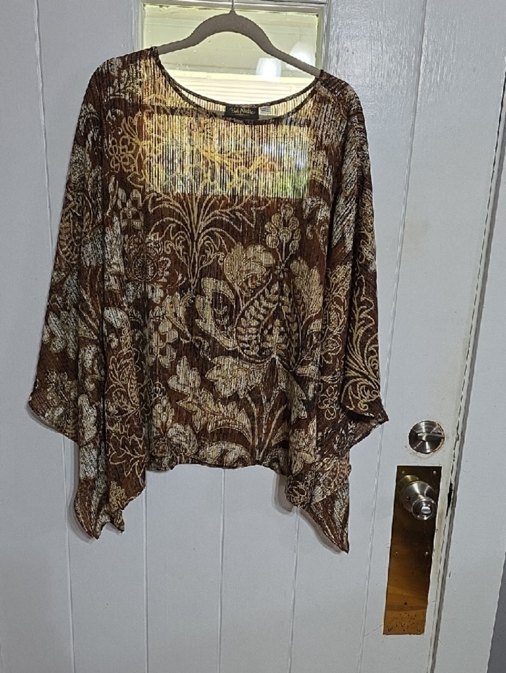 Bob Mackie Wearable Art Womens Blouse Pincho Style Brown Gold Metallic Sz XL EUC